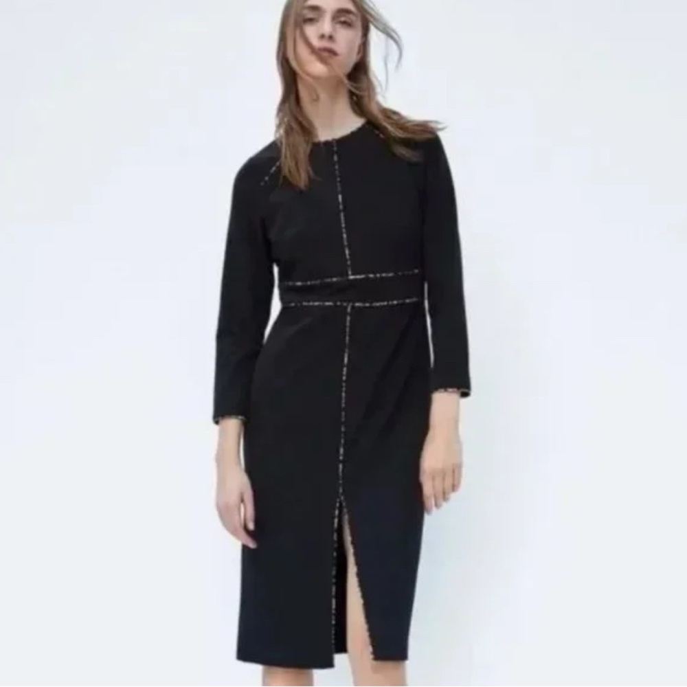 New ZARA Black DRESS WITH ANIMAL PRINT PIPED SEAMS Size S